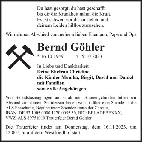 Traueranzeigen von Bernd Göhler abschied nehmen de