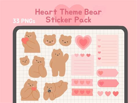 Cute Heart Bear Digital Sticker Pack Transparent Pre Cropped Pngs For