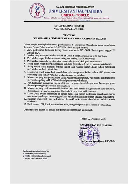 Surat Edaran Rektor Ttg Perkuliahan Sem Genap 20232024 Pdf