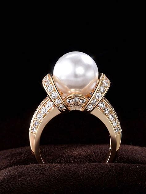 Pc Glamorous Faux Pearl Cubic Zirconia Decor Ring For Women For