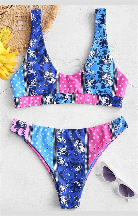 Blue Floral Tank Bikini Set 2019 Summer Style Fashion Swimwear Type