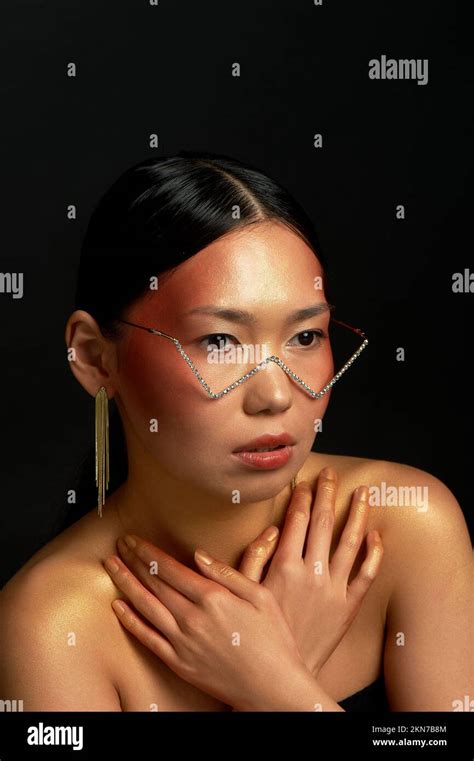 Beautiful Asian Type Girl In Glasses With Rhinestones Optics Beauty