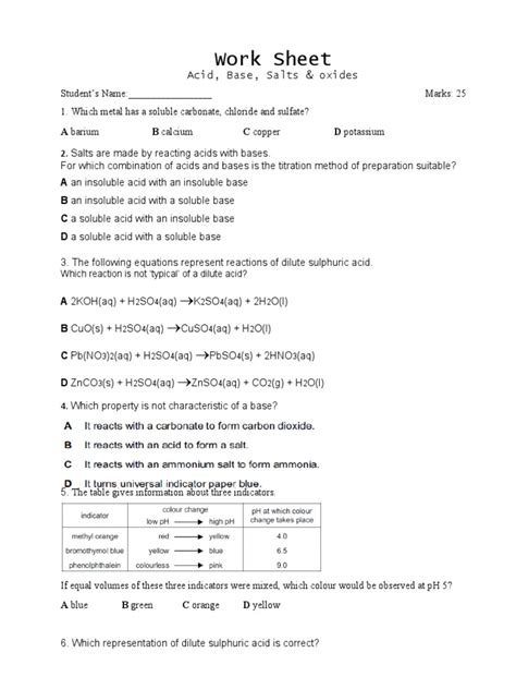 Acid Base & Salts Test 1 | PDF | Acid | Salt (Chemistry)