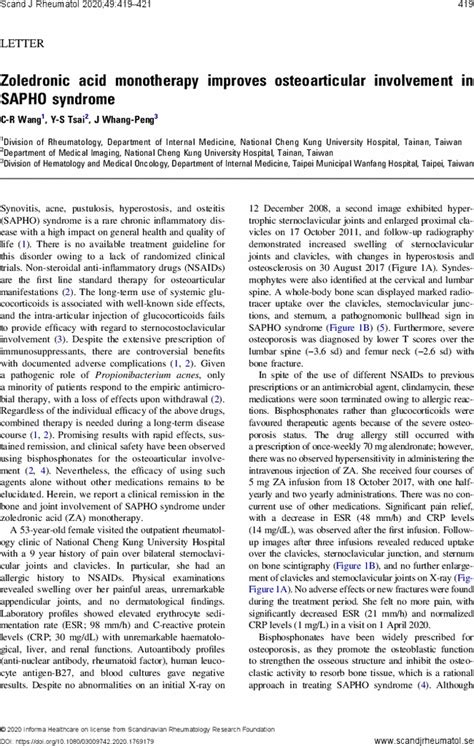 Zoledronic Acid Monotherapy Improves Osteoarticular Involvement In