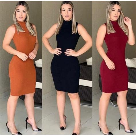 Vestido Feminino Midi Canelado Gola Alta Manga Cavada Shopee Brasil