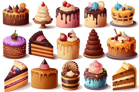 A Bunch Of Different Types Of Cakes On A White Background With A White