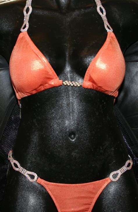 Style Metallic Coral Competition Bikini With Rhinestone Connectors