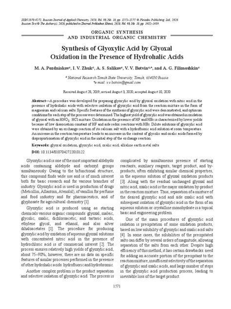 Synthesis of Glyoxylic Acid by Glyoxal Oxidation in The Presence of HCL ...