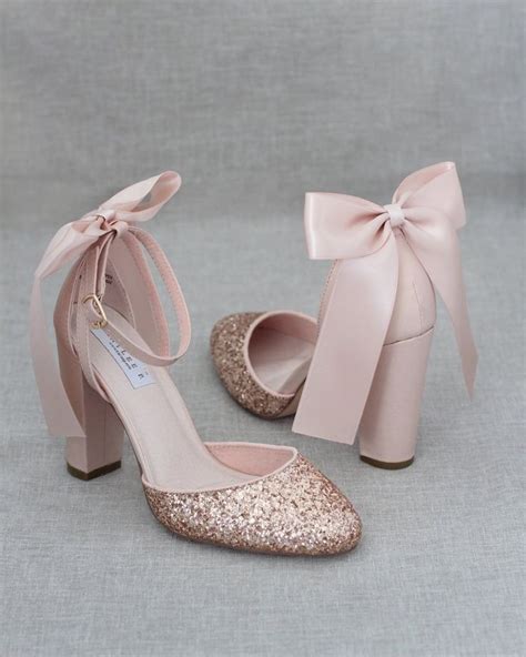 Rose Gold Rock Glitter Block Heel With Blush Satin Back Bow Rose Gold