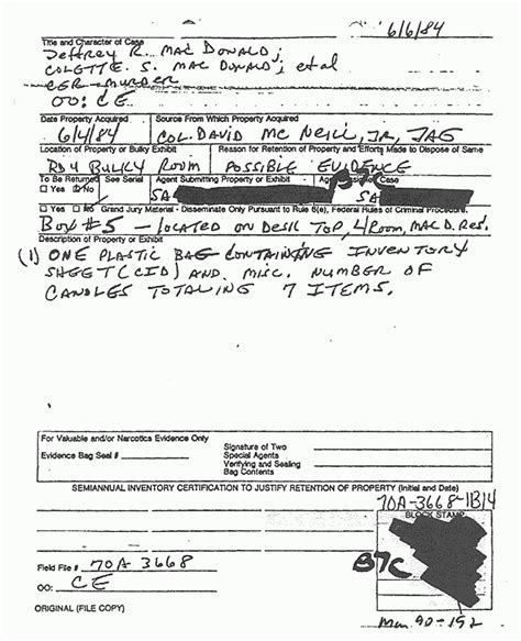 Jeffrey Macdonald Case Justthefacts Inventory Of Items Removed From 544 Castle Dr