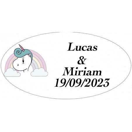 Sticker Licorne Arc En Ciel Ovale Personnalis Pour Mariages