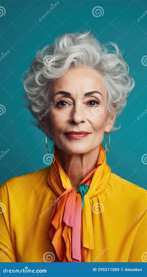 Portrait Of Smiling Senior Woman With Curly Grey Hair On Blue