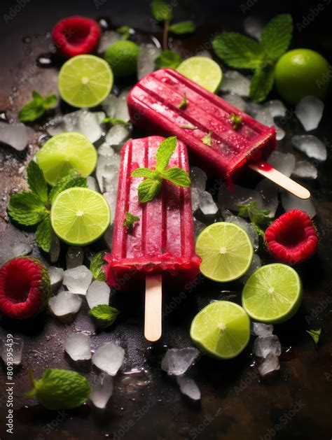 Vegetarian Icecream On A Stick On A Dark Wood Background Raspberry