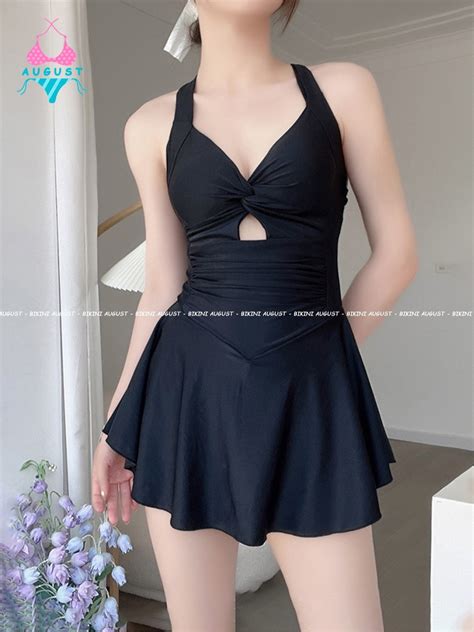 Đồ bơi nữ bikini liền thân hai dây váy xoè khoét eo che khuyết điểm đồ đi biển bikini kín đáo