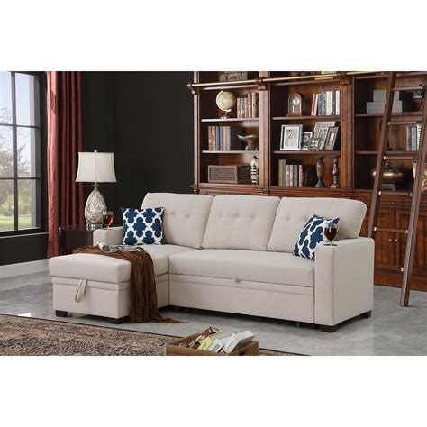 Devion Furniture Reversible Fabric Sleeper Sofa Bed & Chaise with Cup ...