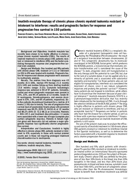 Pdf Imatinib Mesylate Therapy Of Chronic Phase Chronic Myeloid Leukemia Resistant Or