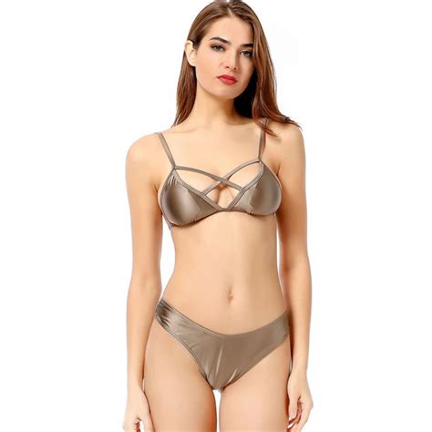 Metallic Gray Bikini Set Lace Up Swimwear Women Low Waist Bikini