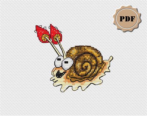 Cross Stitch Pattern Pdf Happy Snail With Mushrooms Fly Etsy