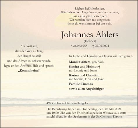 Traueranzeigen Von Johannes Ahlers Noz Trauerportal