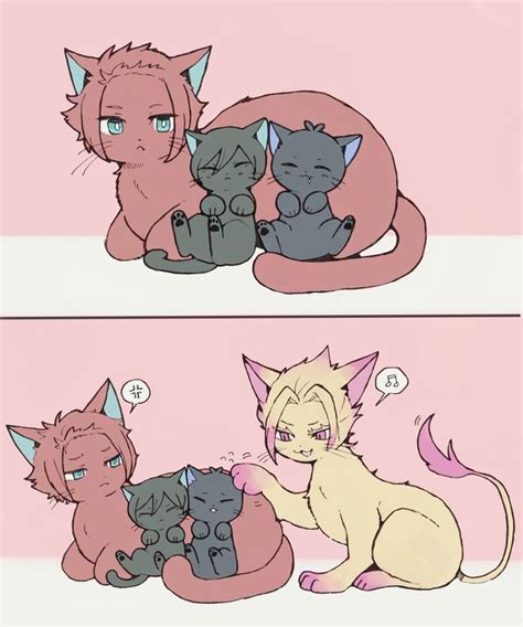 Xユーザーのcoto🐈‍⬛🌸🦞さん 「すやすやしてる子猫たちに ちょっかいをかけるsdにゃん ※擬獣化 ※獣化注意