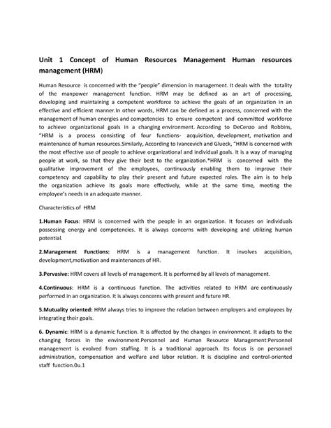 Human Resources Management Full Note Bba Unit 1 Concept Of Human Resources Management Human