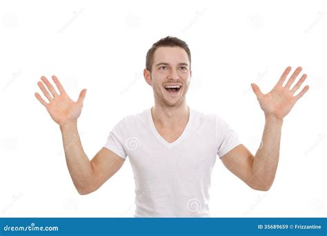 Enthusiastic Happy Man With Hands Up Stock Image Image Of Gain