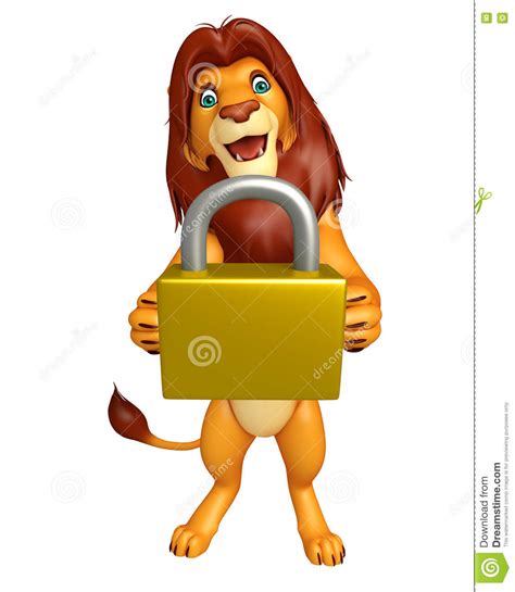 Cute Lion Cartoon Character With Lock Stock Illustration Illustration