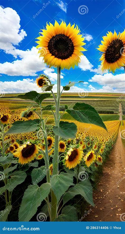 Sunflower Field With Blue Sky And Fluffy Clouds Stock Illustration