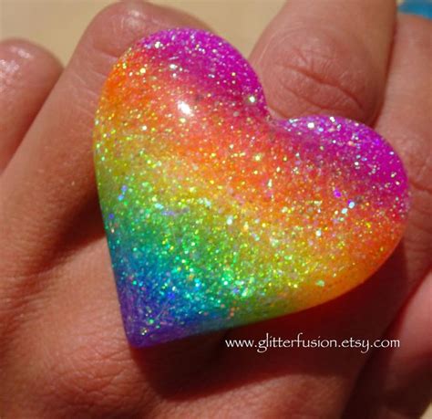 Neon Rainbow Glitter Gradient Big Resin Heart Statement Ring | Etsy ...