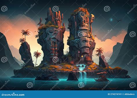 A Surreal Float Island With A Totem Pole Surrounded By Lava And