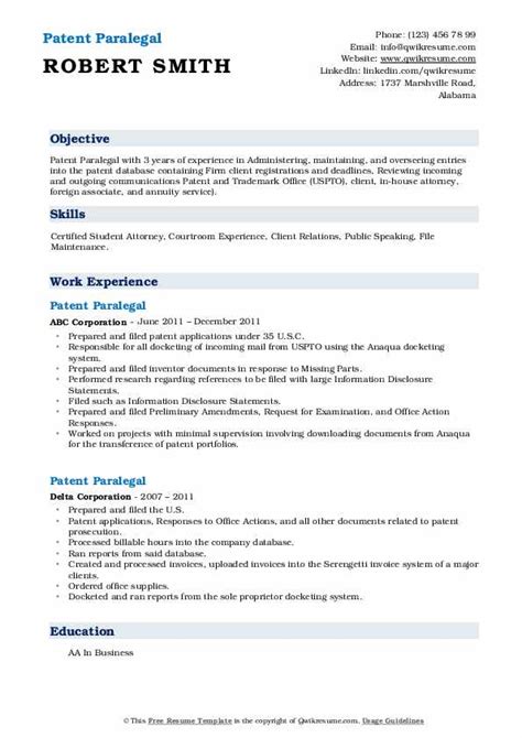 Patent Paralegal Resume Samples Qwikresume