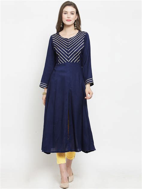 Jompers Women Navy Blue Gold Toned Yoke Design Anarkali Kurta Price