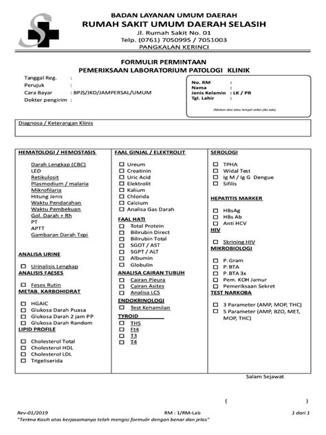 Formulir Permintaan Pemeriksaan Laboratorium Pdf Pdf