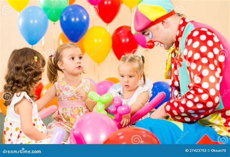 Children Kids Girls and Clown on Birthday Party Stock Image - Image of ...