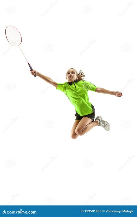 One Caucasian Young Teenager Girl Woman Playing Badminton Player