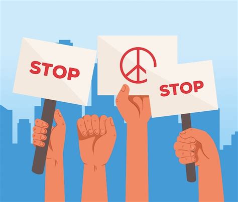 Premium Vector Hands With Protests Placards Stop And Peace And Love