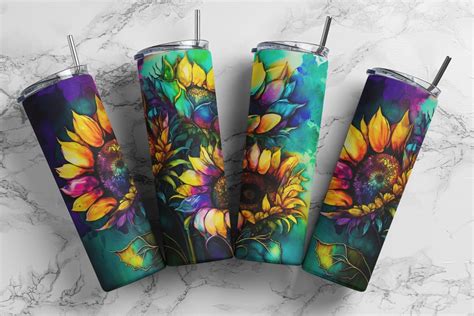 Alcohol Ink Sunflowers 20oz Sublimation Tumbler Wrap Neon Rainbow