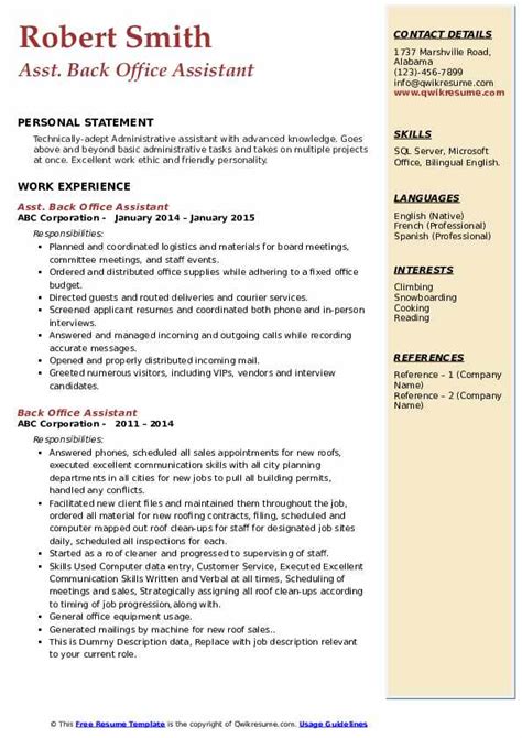 Back Office Assistant Resume Samples Qwikresume