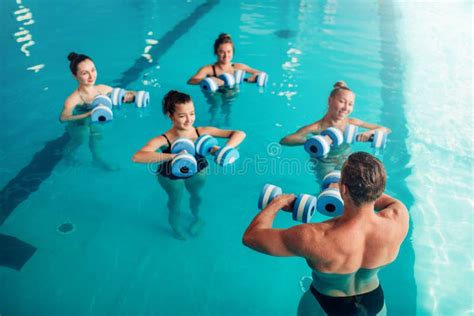 Aqua Aerobics Women Class With Male Trainer Stock Image Image Of