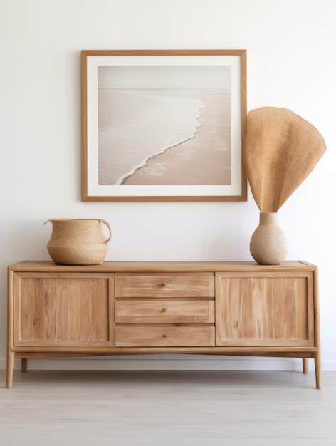 Premium Ai Image Wooden Dresser And Empty Poster On White Wall Boho