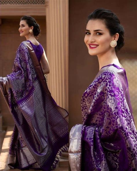 Purple Color Kanchipuram Silk With Heavy Weaving Saree Etsy Soft