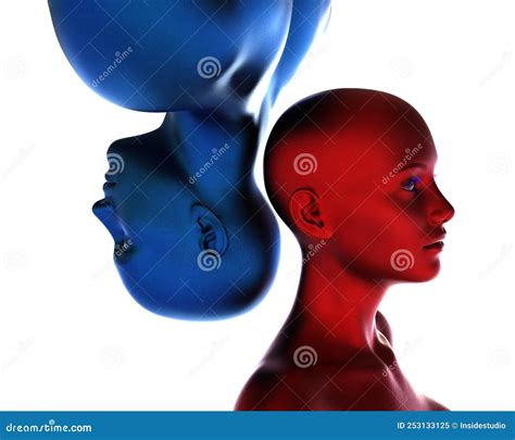 3d Render Portrait Of A Blue Bald Man Upside Down And A Red Bald Woman On A White Background