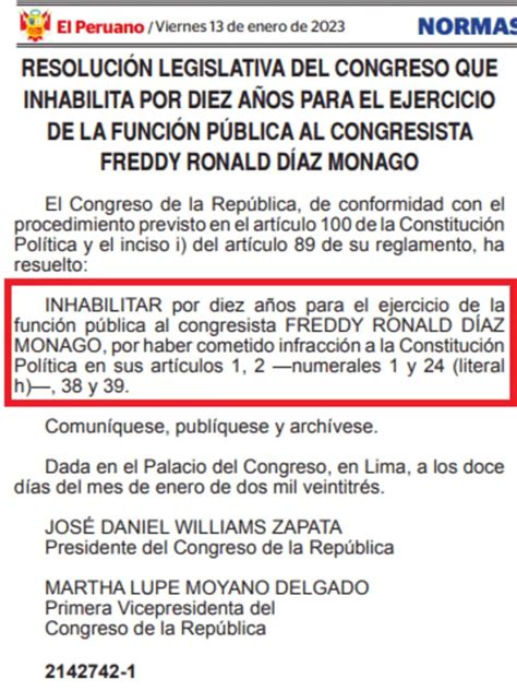 Freddy D Az Congreso Oficializa Su Inhabilitaci N De La Funci N