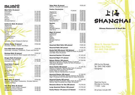 Menu at Shanghai Chinese Restaurant & Sushi Bar, East London, Beacon bay