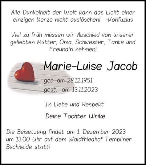 Traueranzeigen Von Marie Luise Jacob Trauer Nordkurier