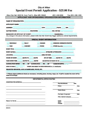 Fillable Online Special Event Permit Application Afton Minnesota Fax