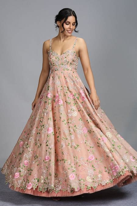 Buy Pink Organza V Neck Floral Embroidered Gown For Women By Anushree