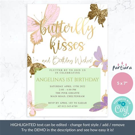 Butterfly Kisses Birthday Wishes Invitation Girls 1st 2nd Etsy