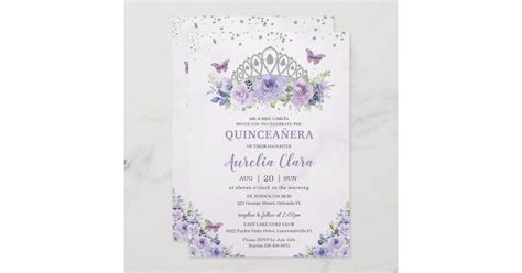 Quinceañera Purple Lilac Floral Tiara Butterflies Invitation Zazzle