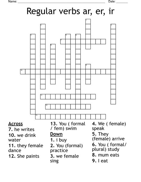 Verbos Regulares Ar Crossword Wordmint